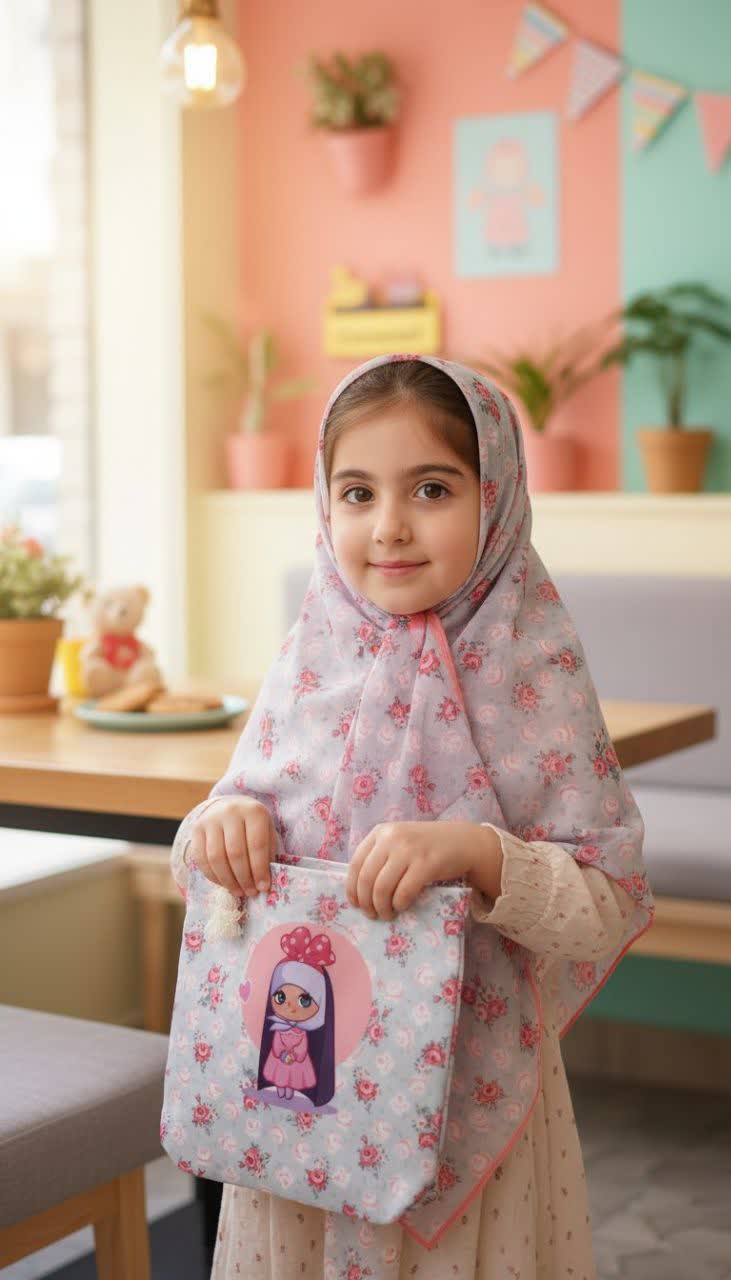 ست روسری و کیف دخترانه راحیل ( طرح شکوفه 1 )